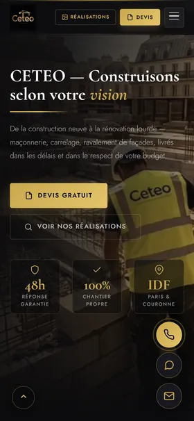 Le premier écran de ceteo-construction.com sur téléphone